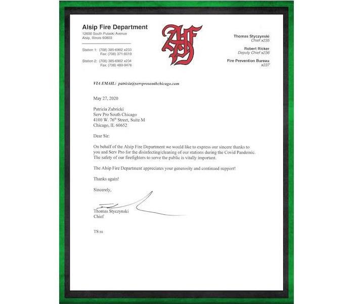 letter from the Alsip Fire Department