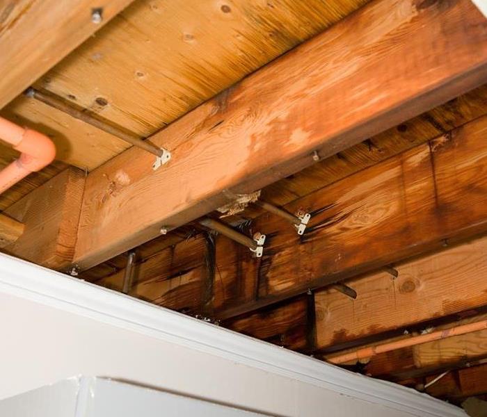 wood framing of a ceiling damp with water