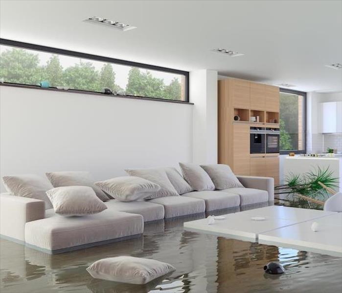 living room with white sofa and water covering the floor